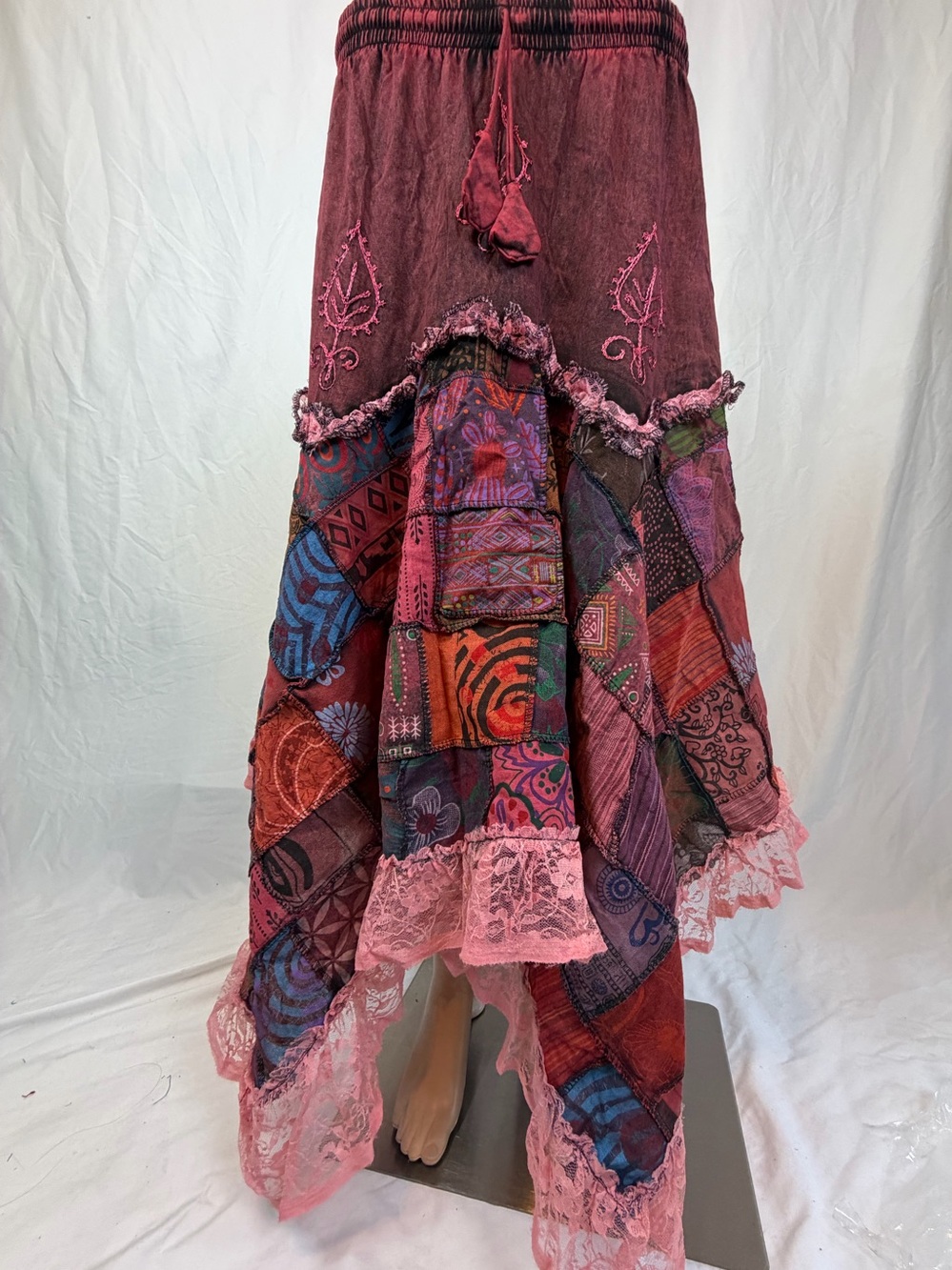 Bohemian Patchwork Lace-Trim Maxi Skirt in Burgundy Pink